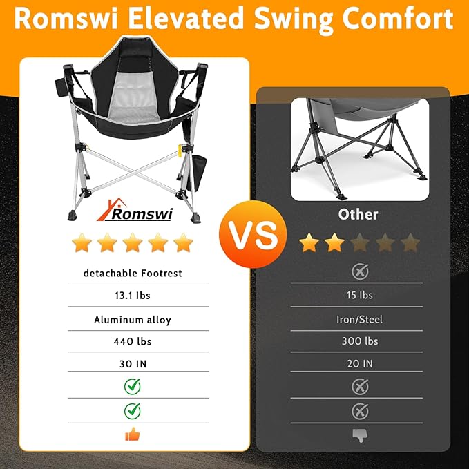 Romswi 2-Pack Aluminum Hammock Chair with Footrest, Oversized Portable Folding Swinging Chair with Adjustable Back & Seat, Lightweight Rocking Camp Chair Supports 440lbs for Outdoor, Patio - Black Romswi