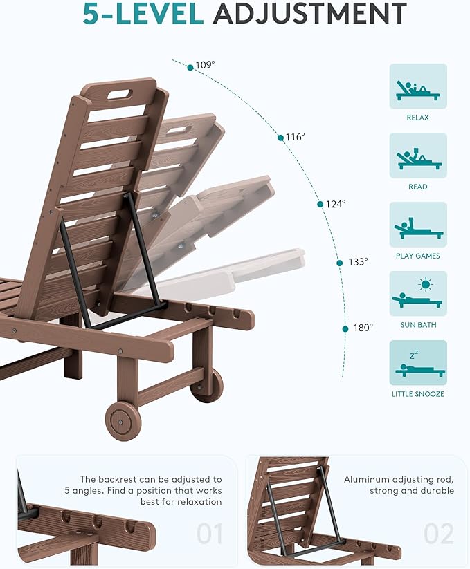 SERWALL Patio Chaise Lounge, HDPE Outdoor Lounge Chair with Cup Holder, 5 Positions Adjustable Poly Lounger with Rolling Wheels for Poolside, Deck, Sunbathing, Brown SERWALL