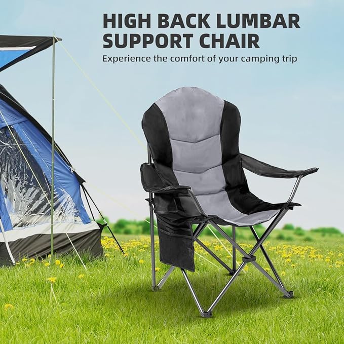 2 Pack Folding Camping Chairs for Adults - High Back Padded Outdoor Lawn Chairs with Lumbar Support & Cup Holder, 400lbs Heavy Duty Portable Camping Chairs Set (Black & Light Gray) Rootora