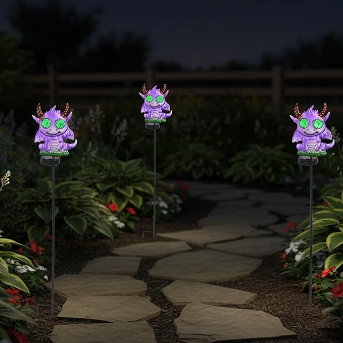 Fantasy Dragon Garden Stakes Decorative 39.7" with Moving Solar Eyeballs, Purple Dragon Garden Decor Pathway Lights for Outside Patio Lawn Yard Metal Art YHSOLAR