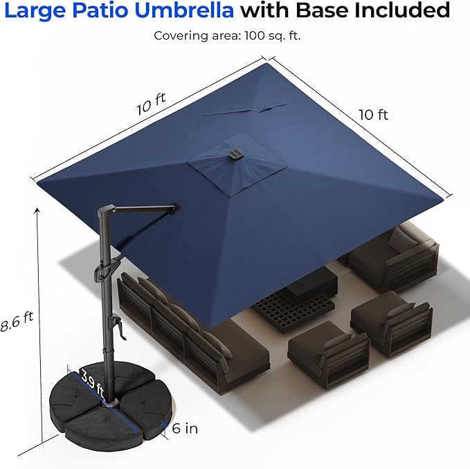 HOMSHADE 10 ft Square Cantilever Patio Umbrella with Base Included, Solar Lights Large Umbrella Outdoor Patio with 360°Rotation&Tilting, LED Lighted Offset Umbrellas w/Stand for Pool Deck HOMSHADE