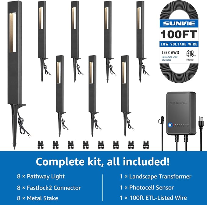 SUNVIE All-In-One LED Low Voltage Landscape Lighting Kit, 8-Pack Pathway Lights with Transformer and 100FT 16/2 AWG Wire, 3000K Waterproof Landscape Path Lights with Connectors for Walkway Garden Yard SUNVIE