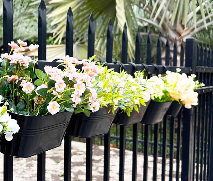 8 Pack Metal Hanging Planter for Outdoor Plants, 10 Inch Black Fence Planters Railing Pots for Garden Patio Balcony Decor, Flower Bucket with Detachable Hooks (Black, 8Pcs) JOYFERNAL
