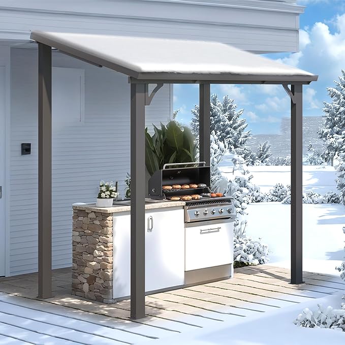 AECOJOY 8' x 5' Hardtop Grill Gazebo Outdoor Pergola, Small Heavy Duty Lean to Metal Pergolas and Gazebos Clearance, Wall-Mounted Grill Gazebo Galvanized Steel Patio Roof Awnings for Patio, Decks AECOJOY