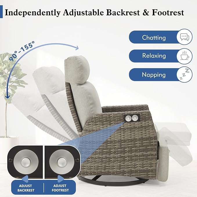 Adjustable Outdoor Recliner Chair with Independent Backrest & Footrest, Patio Swivel Recliner Chair, Wicker Reclining Patio Chair w/Flip-Up Table, Air Pump 155° Lay Flat Chaise Lounge, Gray Rootora