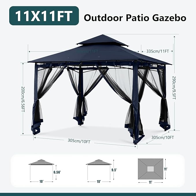 MASTERCANOPY Outdoor Garden Gazebo for Patios with Stable Steel Frame and Netting Walls (11x11,Navy Blue) MASTERCANOPY
