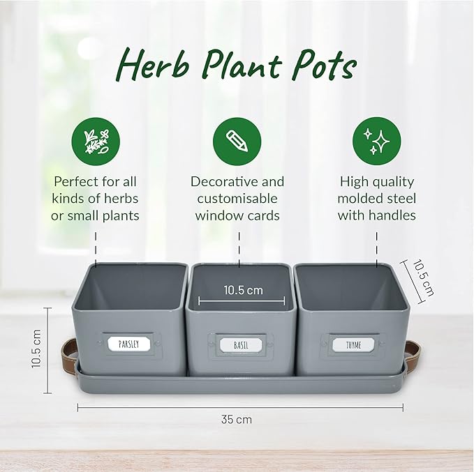volila Herb Planter Indoor - Set of 3 Grey Indoor Herb Garden Pots for Plants with Leather Handled Tray - Window Sill Plant Shelf - Herb Pots with Drainage Holes and Labels volila