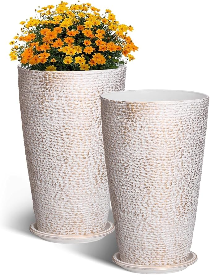 VEVOR Set of 2 Tall Outdoor Planters 21" H, Round Large Planters for Front Porch and Patio, Stone Finish Flower Tree Plant Pots VEVOR