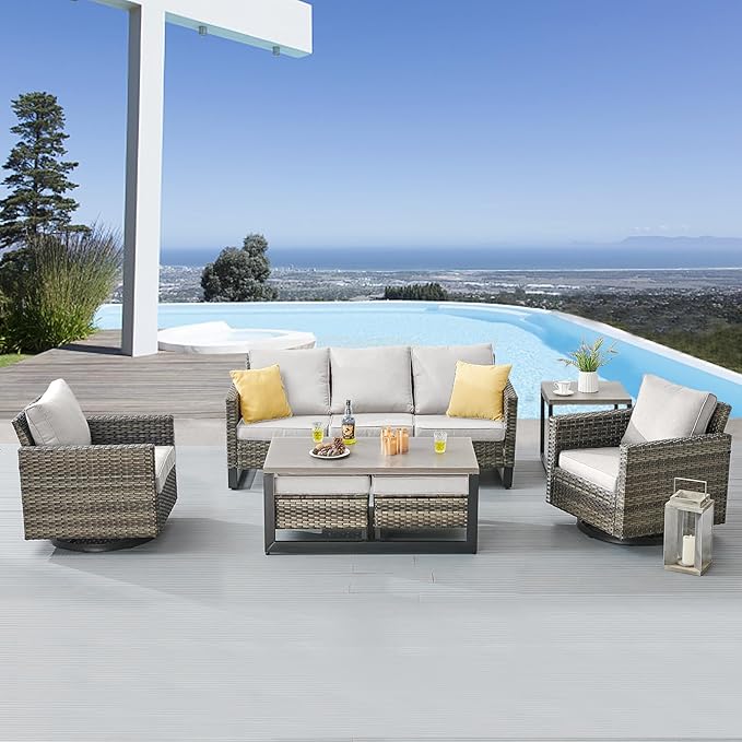 Belord 7 PCS Outdoor Furniture Set, Mixed Grey Wicker, Beige Cushion, Includes Swivel Rocker Chairs, Sofa, Ottomans, Water-Resistant Belord