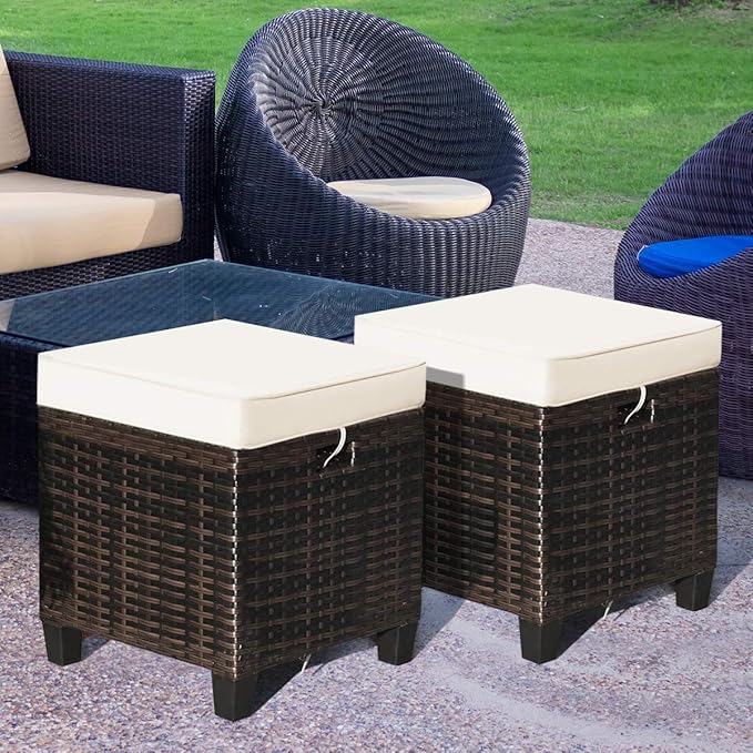 Tangkula 2 Pieces Outdoor Patio Ottoman, All Weather Rattan Wicker Ottoman Seat, Patio Rattan Furniture, Outdoor Footstool Footrest Seat w/Removable Cushions TANGKULA