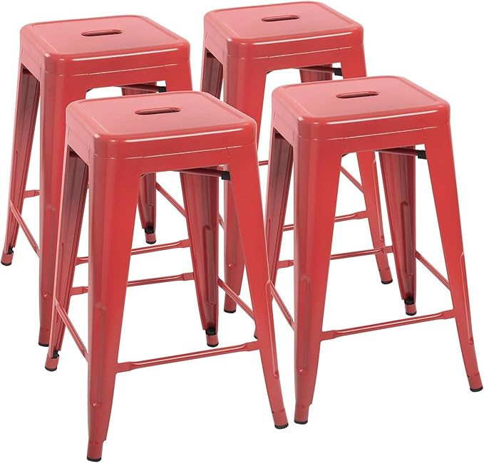Devoko Metal Bar Stools 24" Indoor Outdoor Stackable Barstools Modern Style Industrial Vintage Counter Bar Stools Set of 4 (24 inch, Red) DEVOKO