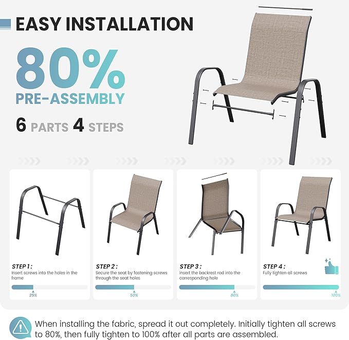 Patio Dining Chairs Set of 2, Outdoor Stackable Chairs, Breathable Seat and Alloy Steel Frame Fit for Backyard,Garden,Porch, Lawn，Poolside (Light Brown) VonzoyHome