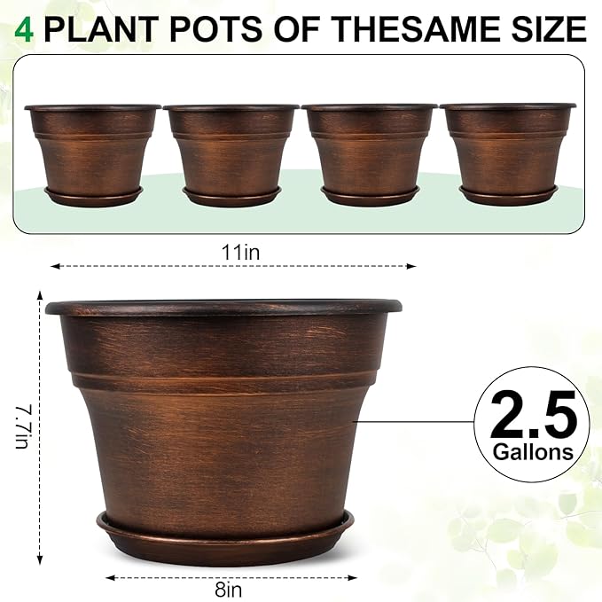 Plant Planters Pots Set of 4 Pack 11 Inch, Plastic Flower Pot for Indoor Plants with Drainage Holes & Trays, Resin Decorative Container Sets with Saucer for House Outdoor Garden Planters Copper Fodetyff