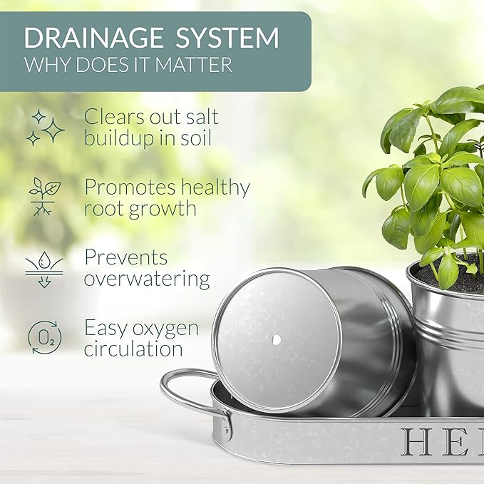 Barnyard Designs Indoor Herb Garden Planter Set with Tray, Metal Windowsill Plant Pots with Drainage for Outdoor or Indoor Plants, Set/3 (Galvanized) BarnyardDesigns
