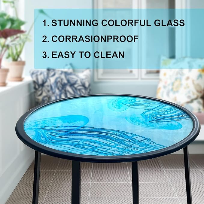 LIFFY Outdoor Side Table,14" Indoor Outdoor Round Glass Tabletop Accent Table with Metal Frame, Decorative Plant Stand & End Table for Home, Patio, Garden LiffyArt