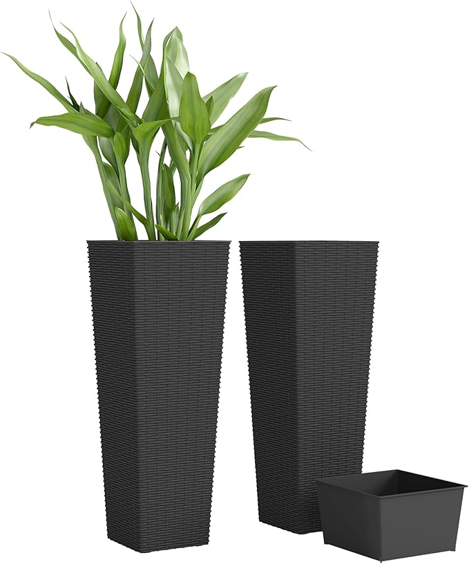 Outsunny 23.6 Inch Tall Planters for Outdoor Plants, Set of 2 Plastic Rattan-Like Flower Pots with Drainage Holes, Stackable Tapered Planters for Indoor Plants, Front Porch, Black Outsunny