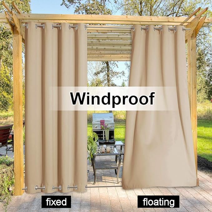 NICETOWN Waterproof Patio Outdoor Curtain and Drape, Extra Wide and Long W100 x L95, Thermal Insulated Top and Bottom Grommet Keep Sun & Rain Out Public Divider for Porch, Biscotti Beige, 1 Panel NICETOWN