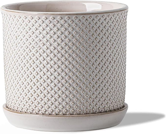 5.8 Inch Plant Pot: Ceramic Planter with Drainage Hole & Saucer for Indoor Outdoor Plants - Flowerpot with Bonded Tray for Home Office - Beaded Embossed Style, Cream White Chubacoo