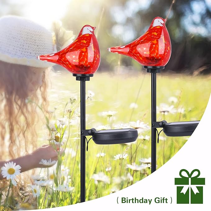 Afirst Solar Outdoor Lights - Decorative Solar Stake Lights Cardinal Handblown Glass Garden Stakes, Waterproof for Pathway Decoration, 2 Pack Afirst