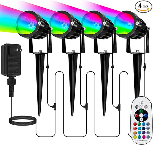 Elenora Christmas Spotlights Outdoor, All-in-ONE RGBW Halloween Spot Lights with Remote, 6W 24V Plug-in Color Changing Low Voltage Landscape Lighting Kit with IP65 Waterproof for Yard Garden, 4 Pack Elenora