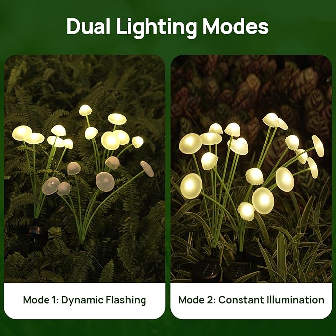 Solar Garden Lights, 4-Pack Dual Mode LED Solar Mushroom Lights, Waterproof Firefly Outdoor Decor for Yard, Patio, and Pathway – Warm White Jellyfish Ambiance RIEYUE