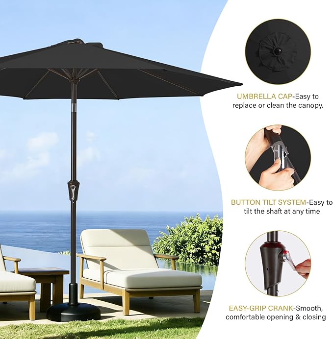 MEWAY 9ft Patio Umbrella Outdoor Table Umbrellas with Push Button Tilt and Crank, Market Umbrella 8 Sturdy Ribs for Deck, Garden, Pool and Backyard, Black MEWAY