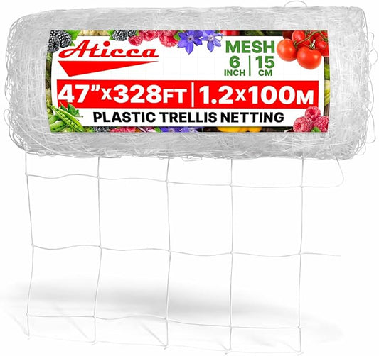 Plastic Trellis Netting 47" x 328 ft Heavy Duty Plant Support Netting White - 6 Inch Garden Trellis on Roll - Mesh for Growing Vine Climbing Plants, Flowers, Peas, and Cucumber Aticca