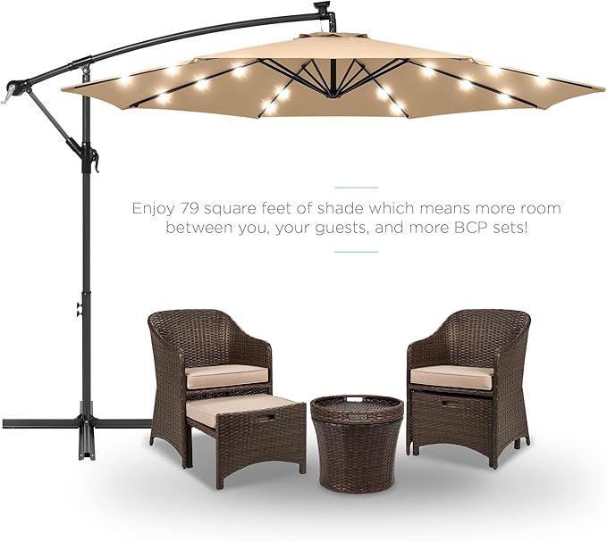 Best Choice Products 10ft Solar LED Offset Cantilever Hanging Market Patio Umbrella, 8 Sturdy Ribs, Easy Adjustment - Sand BestChoiceProducts