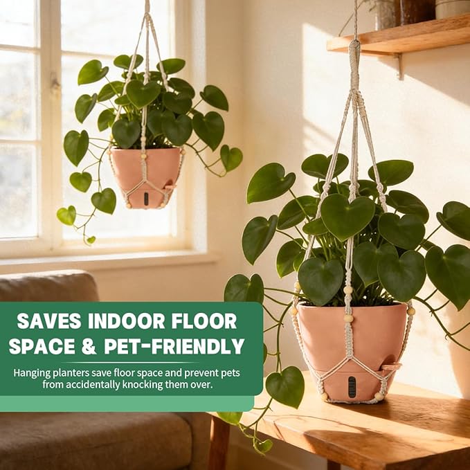 Self-Watering Hanging Planters for Indoor Plants Set 2-Piece Includes Plant Hanging Pot, Drainage-Hole Hanging Pot, and Hanging Basket Rack (Terracotta,10 Inches) Rootora