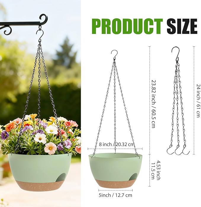 8 Inch Hanging Planters for Indoor Outdoor Plants, 4 Pack Green Brown Plastic Self Watering Hanging Baskets with Drainage Holes and Chain for Garden Porch SQKH