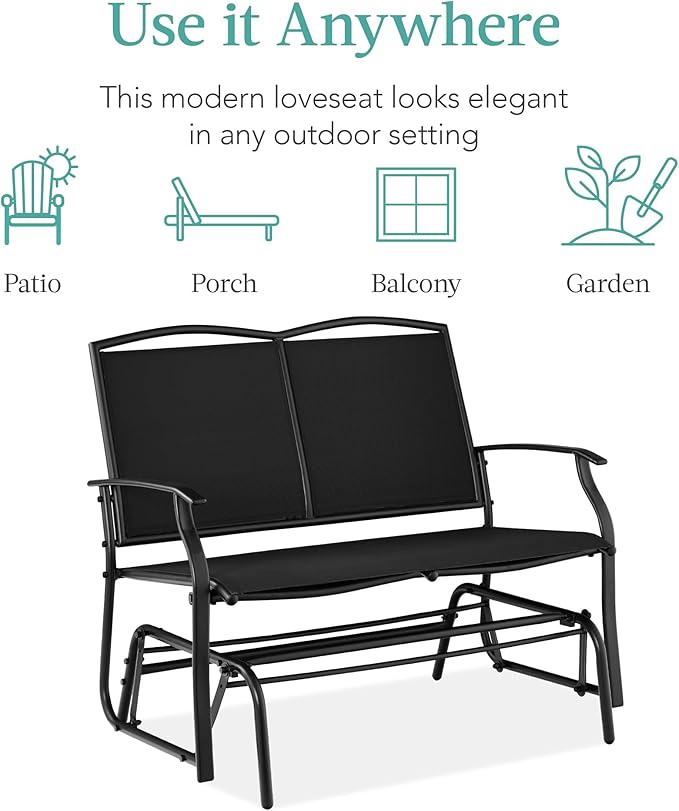 Best Choice Products 2-Person Outdoor Patio Swing Glider Steel Bench Loveseat Rocker for Deck, Porch w/Textilene Fabric, Steel Frame - Black BestChoiceProducts