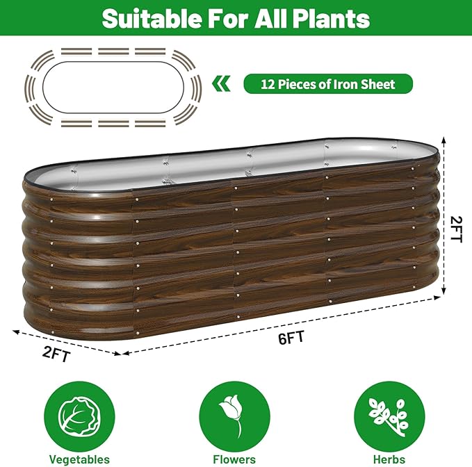 SnugNiture Galvanized Steel Raised Garden Bed Kit, 2 Pcs 6x2x2 ft Large Metal Planter Box Outdoor for Gardening Vegetables, Flowers and Fruits snugniture