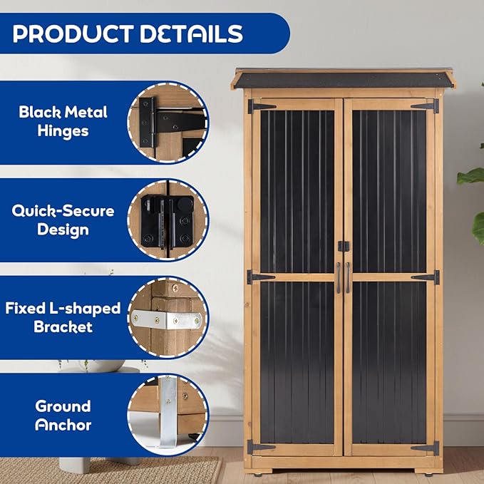 Outdoor Storage Cabinet Weather-Resistant, Wood & Metal Storage Shed with 3 Removable Shelves, Waterproof Roof, Adjustable Feet, Patio Storage Cabinet Outside for Garden Garage Backyard Pool PETSCOSSET