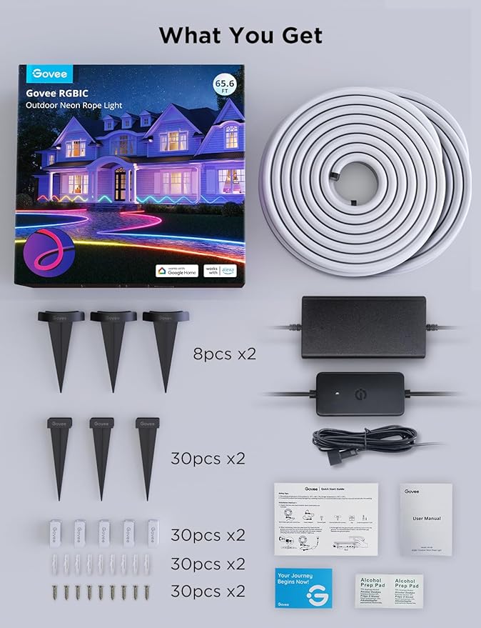 Govee Outdoor Neon Rope Lights, 65.6ft RGBIC IP67 Waterproof Outdoor Decorations with 64 Scene Modes, Music Sync, Flexible LED Lights, Neon Lights Work with Alexa, Google Assistant Govee