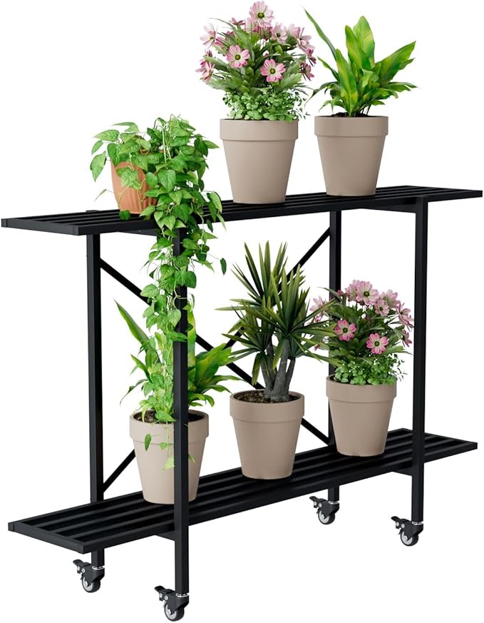 Zhongma 2 Tier Metal Sturdy Narrow Plant Stand with Wheels, Plant Stand Indoor and Outdoor, L45.67 x W10.3 x H29.9 inch, 440 LBS Capacity & Heavy Duty Construction. Zhongma