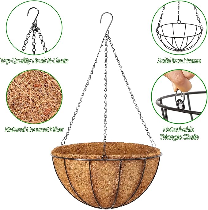 Hanging Baskets Planter for Plants - 4 Pack 10 Inch Metal Baskets with Coco Coir Liner, Hanging Flower Pots for Outside with Chain, Indoor Outdoor Garden Porch Decoration (10'' Pack of 4) LCHUANG