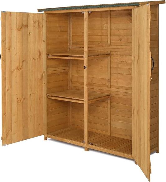 Outvita Outdoor Storage Cabinet with Waterproof Roof, Double Lockable Doors Garden Shed with 2 Removable Shelves, Wooden Storage Shed with Large Storage Space for Yard Garge Patio Deck Porch（Natural） Outvita