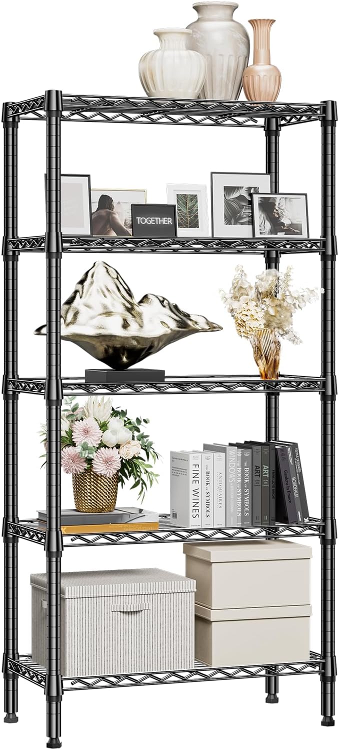 1250 lbs 5 Tier Shelf Metal Storage Shelves Shelving Wire Rack Heavy Duty Closet Organizers for Garage Kitchen Bathroom Laundry Black 13.8" D x 29.5" W x 59.5" H MEIGAOPLASTICANDMETALHKCOLIMITED