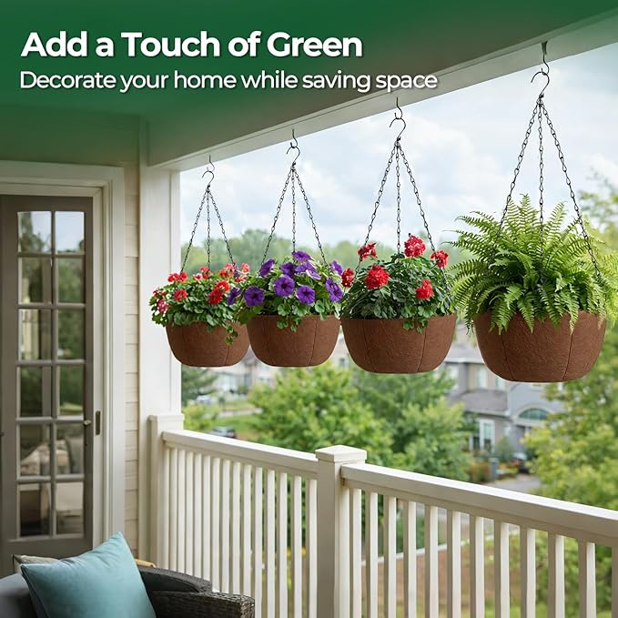 T4U Hanging Planters for Outdoor Plants, 10 Inch 4 Pack Fabric Hanging Baskets with Drainage Tray, Decorative Hanging Pots for Plants Outdoor Patio Porch Garden Use（Brown） T4U