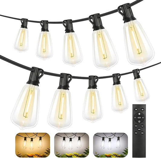 Brightever 200FT Outdoor String Lights with Remote, 2700K/4000K/5000K Selectable LED String Lights for Outside with 100+4 ST38 Edison Bulbs, 3 Modes Dimmable Patio Lights Waterproof for Camping, Deck Brightever