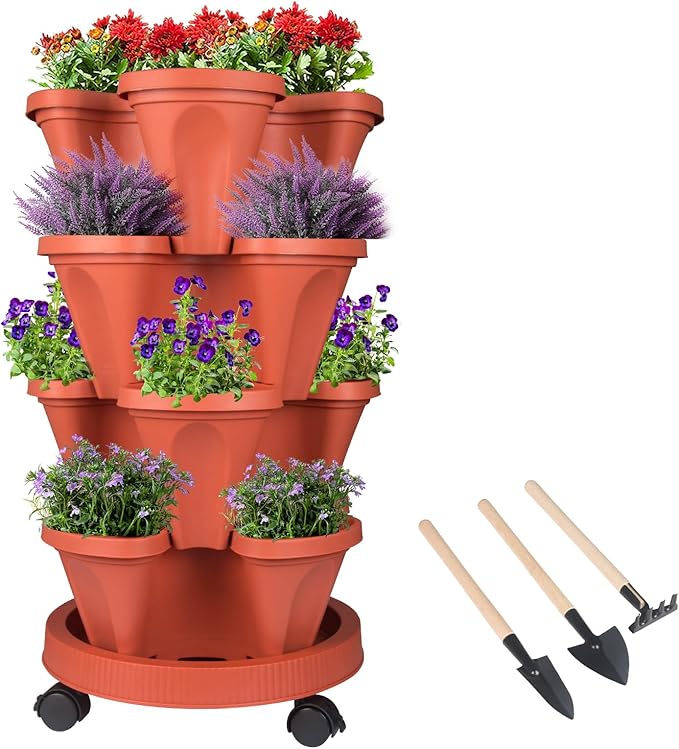 GameXcel Vertical Planter 4 Tier Stackable Planters Garden Planters Strawberry Herb Flower and Vegetable Planter Indoor Outdoor Gardening Pots with Removable Wheels and Tools GameXcel