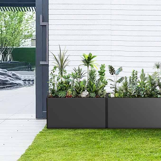 Rectangular Planter Box (36''L x 15''W x 15''H) Large Planter Box Outdoor, Metal Planters with 6 Drainage Holes for Commercial Residential Patio Deck and Backyard, Black Ganeekiron