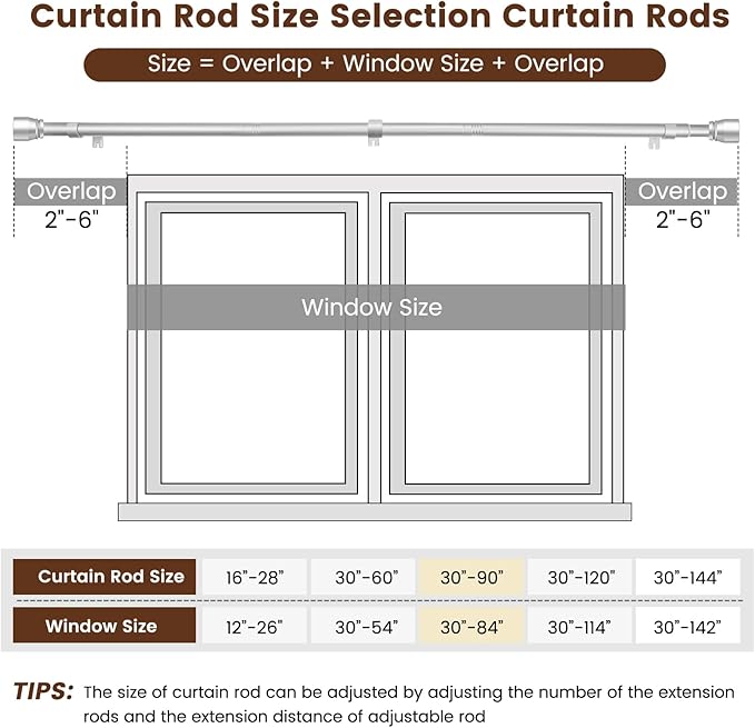 1” Diameter Silver Curtain Rod Itself is 30-90 Inch 2 Pack, Fit 30 to 84 Inch Windows with Heavy Duty Adjustable Telescopic Rod，Splicing Metal Extra Long Curtain Rod for Windows Rootora