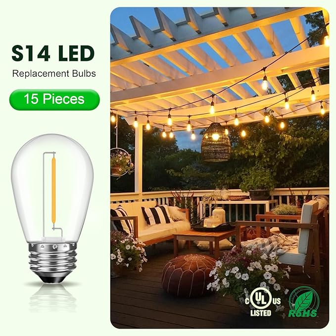 LED S14 Replacement Light Bulbs for Outdoor String Lights, 1W Shatterproof Edison Light Bulbs for Outside Patio Garden, E26 Standard Base, Dimmable, 2200K Warm White, 15 Pack GvvooHome
