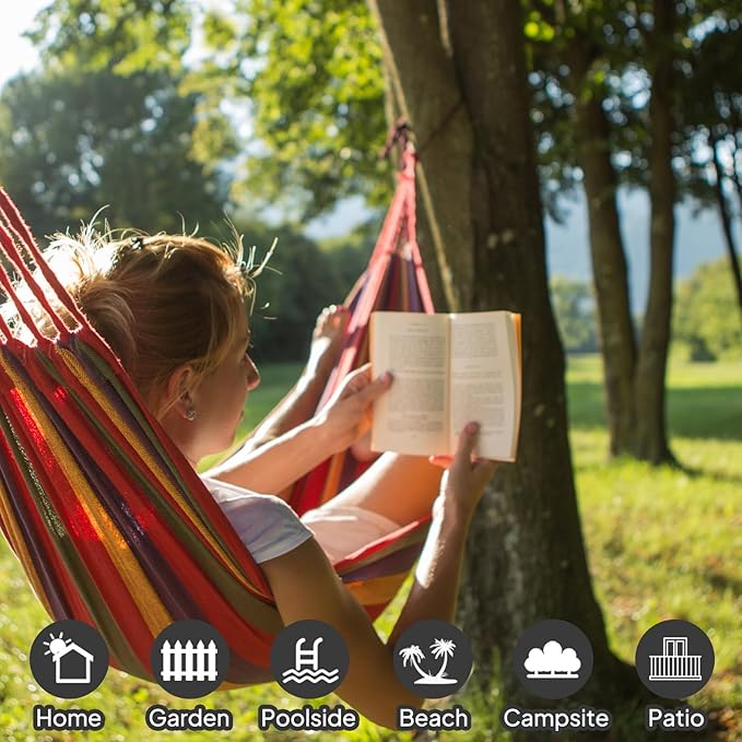 ANYOO Cotton Hammock Portable Camping Hammocks for Hanging Sturdy Garden Comfortable Fabric Hammock with Tree Straps Up to 660lbs with Travel Bag for Camping Outdoor/Indoor Patio Backyard Anyoo