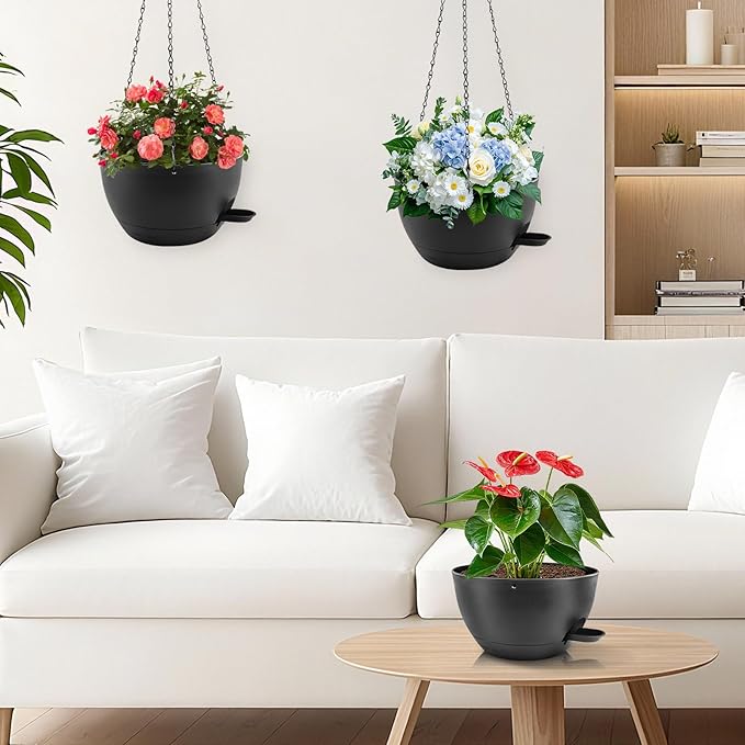 10 inch Hanging Planters for Indoor Plants, 3 Pack Self-Watering Hanging Planter Pots with Chain and Drainage Holes, Outdoor Plastic Hanging Baskets for Garden Home Decor (Black, 3pcs/10inch) Rootora