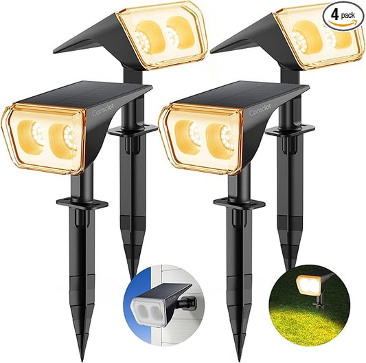 Consciot Solar Spot Lights Outdoor Waterproof, 24 LED Dusk-to-Dawn Solar Spotlight, 2 in 1 Adjustable Wall Lights, Warm White Solar Landscape Spotlights for Garden Yard Wall Walkway, 4 Pack Consciot