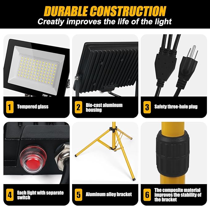 14000Lumen LED Work Lights with Stand - 2 Head Portable Work Light on Stand - IP66 Waterproof Tripod Worklights for Outdoor Indoor Job Site Workshop Garage Construction Site Lighting Rootora