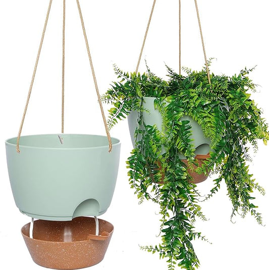 8 inch Hanging Planters, 2 Pack Self Watering Hanging Pots with 20oZ Deep Reservoir for Indoor Outdoor Plants Flowers, Green with Brown SwinDuck