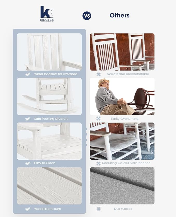 KINGYES Oversized Outdoor Rocking Chair, All-Weather Patio Rocking Chairs for Porch, HDPE Outdoor Patio Rockers with High Back & Wide Seat for Garden, Lawn, White KINGYES
